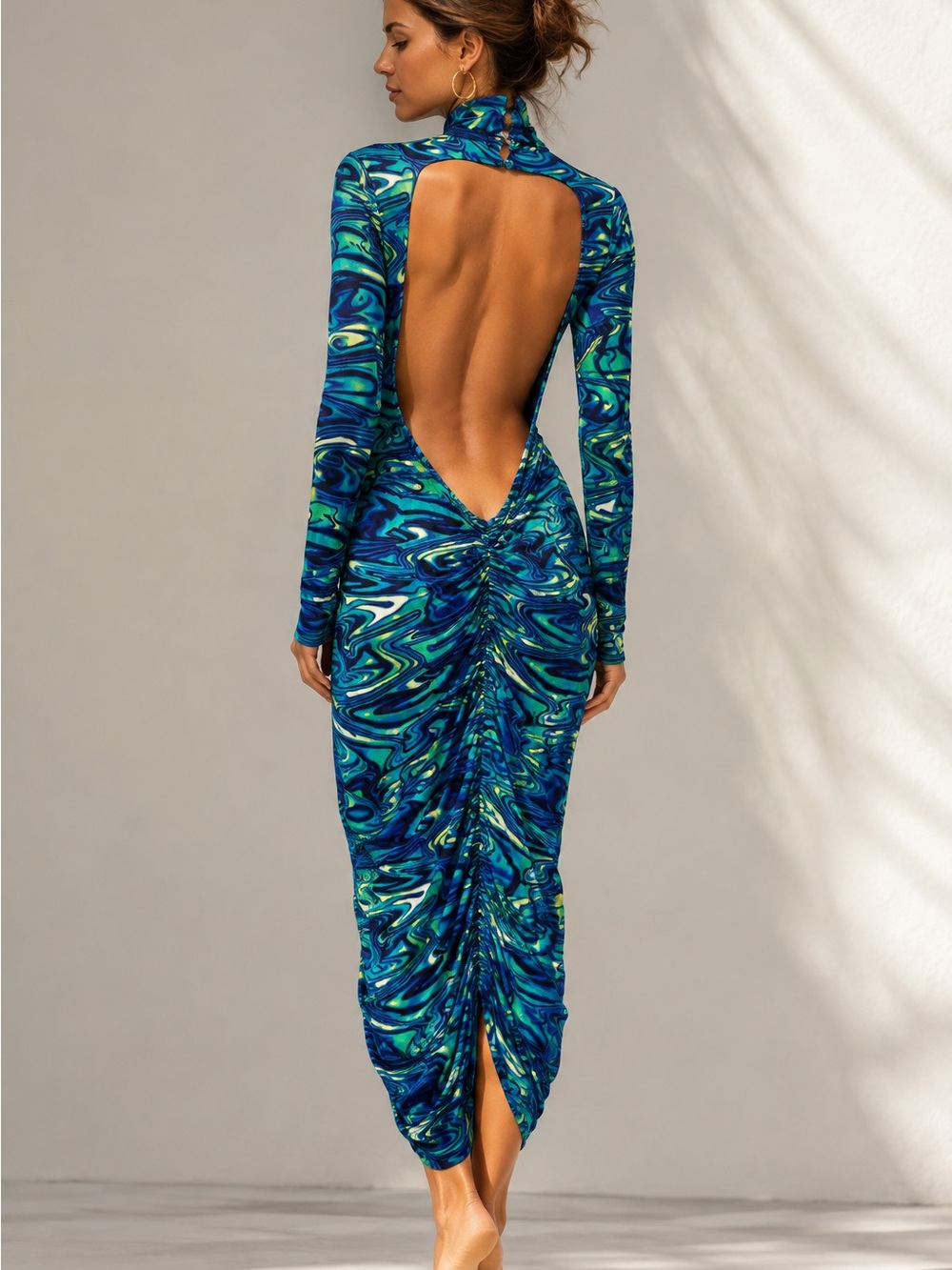 AKIRA Long-Sleeve Open-Back Maxi Dress in Blue and Green Swirl